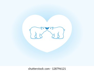 Two Blue Arctic Polar Bears with Blue Noses Kissing in Heart Graphic Background