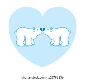Two Blue Arctic Polar Bears with Blue Noses Kissing in Heart Graphic Background