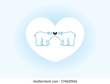Two Blue Arctic Polar Bears with Black Noses Kissing in Heart Graphic Background - Vector