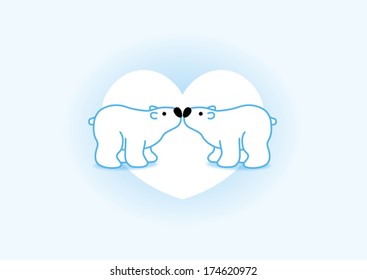Two Blue Arctic Polar Bears with Black Noses Kissing in Heart Graphic Background - Vector