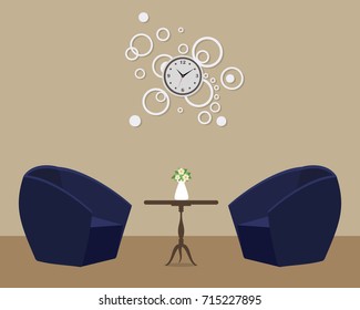 Two blue armchairs on a background of the wall with a round clock. There is also a table with flowers in the picture. Vector illustration.
