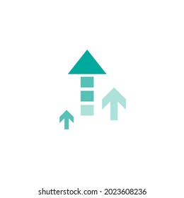 two blue arrows up on white background. Launch, upgraid icon. Creative project start, business advance, breakthrough sign. Fast growth symbol. Speed, grow up, increase
