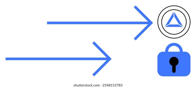 Two blue arrows point towards a triangular symbol and a blue lock icon. Ideal for security systems, data protection, network security, encryption concepts, cyber safety. Simple, minimalist, modern