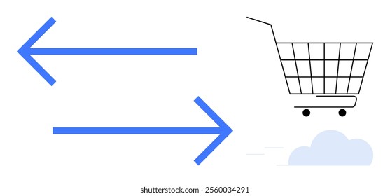 Two blue arrows pointing left and right beside a shopping cart. Ideal for e-commerce, navigation, online shopping, internet transactions, and digital marketing. Simple, modern, flat style