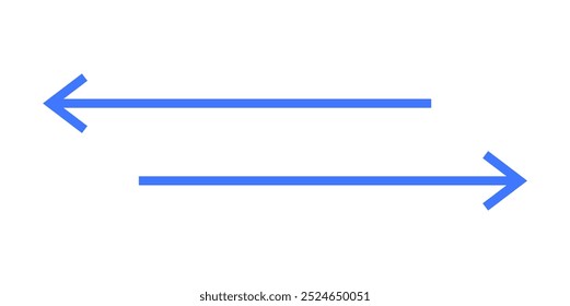 Two blue arrows pointing in opposite directions on a white background. Ideal for communication, data transfer, connection, direction, technology. Flat style minimalistic and clean. Emphasizes