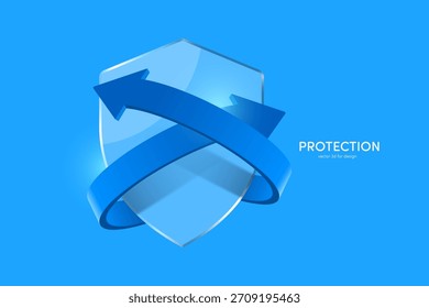  Two blue arrows swirl around a glass shield to protect against germs or viruses, vector 3d illustration isolated on blue background for Advertisements about medical or disinfectant products