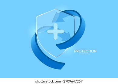  Dos flechas azules giran alrededor de un escudo de cristal para proteger contra gérmenes o virus, ilustración 3d del Vector aislada en fondo azul para los productos médicos o desinfectantes