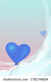 Zwei blaue Ballons fliegen mit Wolken über den Himmel. Tag der Liebenden. Grußkarte, Einladung.