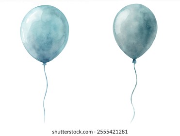 Two blue balloons with a white background. The balloons are floating in the air and are the same size