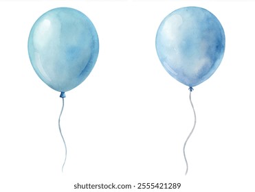 Two blue balloons with a white background. The balloons are floating in the air and are the main focus of the image