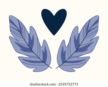 Two blue bird feathers and a heart on a beige background. Birds, flight, postcard. Vector illustration