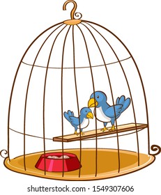 Two blue birds in the cage illustration