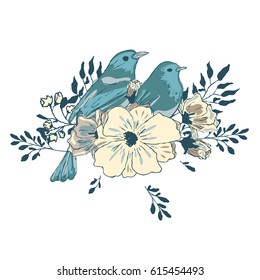 Two blue birds in  flowers.  Spring. Birds and flowers. A collection of vector elements for design.