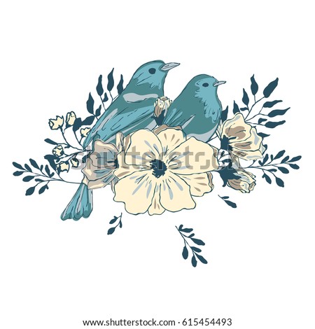 Two Blue Birds Flowers Spring Birds Stock Vector Royalty Free