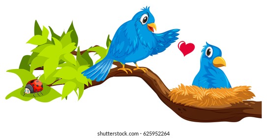 Two blue birds in nest illustration