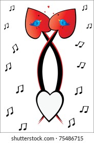 two blue birds and two red hearts with musical notes