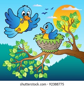 Two blue birds with tree branch - vector illustration.