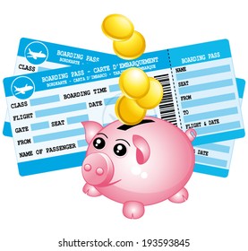 Two blue boarding passes and piggy bank. Save for a trip. Vector icon.