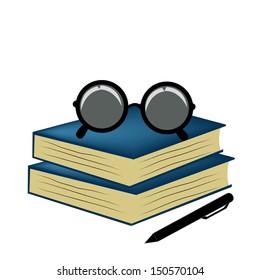 two blue books with glasses and a black pencil