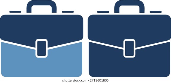 Dos maletines azules, uno claro y uno oscuro, uno al lado del otro sobre fondo blanco aislado, con asas y cierres, diseño simple