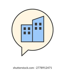 Two blue building shapes with windows appear inside a large speech bubble outlined in dark gray on a light background. The simple composition combines city architecture and conversation symbol.