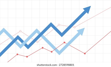 Two Blue Business Arrows Going Up and Two Rising Line Graphs on Grid Background Representing Profit Growth and Economic Optimism