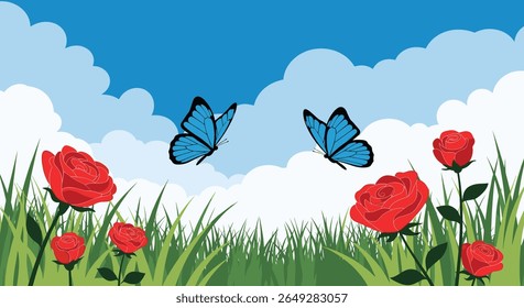 Duas borboletas azuis flutter graciosamente acima de rosas vermelhas vibrantes e grama verde exuberante sob um céu azul brilhante com nuvens brancas fofas