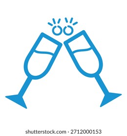 Dos copas de champán azul tintineando juntos en un icono de brindis de celebración sobre un fondo blanco