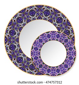 Two blue circular ornaments with gold contour to dishes, plates and souvenirs. Vector illustration.