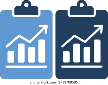 Zwei blaue Zwischenablagensymbole nebeneinander auf rein weißem Hintergrund, jede mit einem weißen Graphen mit einem nach oben gerichteten Pfeil, der Wachstum und Fortschritt in einem professionellen Umfeld mit einer Mischung aus li