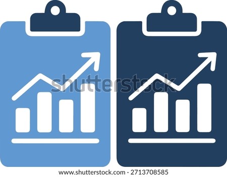 Two blue clipboard icons side by side on a pure white background, each featuring a white graph with an upward trending arrow, symbolizing growth and progress in a professional setting with a mix of li