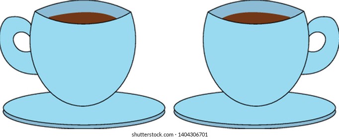 Dos tazas de café azules con salsa; con mango, con café marrón, vector, dibujo de color o ilustración. 