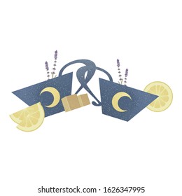 Two blue cup or mug of tea with moon and stars. Lemon slice, brown sugar, lavender isolated on white background. Copy space. Template for menu, card, banner, poster, flyers. Vector stock illustration.