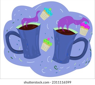 Two blue cups with hot coffee and cute comic delicious cupcakes. This cartoon illustration can be used as a logotype for cafes, bars and cafeterias. Vector, isolated.