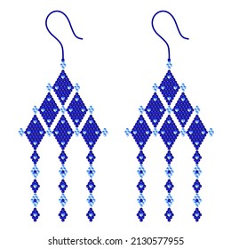 Two blue dangling earrings composed of large and small rhombuses in a combination of light and dark blue, which are composed of 3D cubes