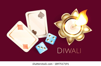 Two Blue Dice And Pair Of Playing Card, Top View. Burning Candle In A Golden Metallic Holder. Diwali Greeting Banner. Cartoon Vector Illustration