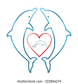 Two blue dolphins facing each other with a red heart with a small blue dolphin inside a heart on a white background