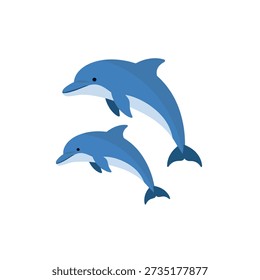 Two blue dolphins jumping together in the water, depicted in a simple graphic illustration style.