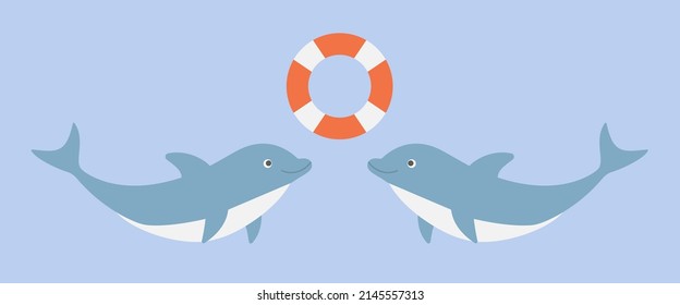 Two blue dolphins on a blue background lifebuoy vector illustration.