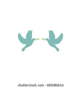 Two blue doves with green olive sprig on white background.  Peace vector illustration.  Peace day greeting card.