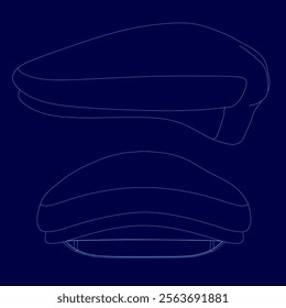 Two blue drawings of a hat. One is a close up of the top of the hat and the other is a close up of the bottom of the hat