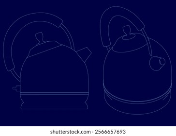 Two blue drawings of a teapot. One is a close up of the handle and the other is a close up of the lid