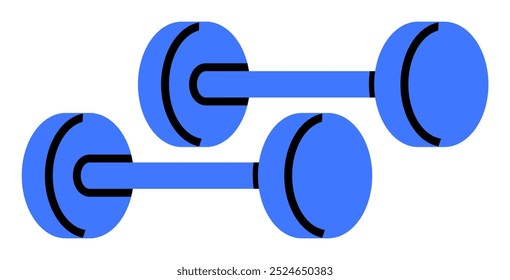 Dois halteres azuis com acentos pretos, dispostos em uma posição paralela sobre um fundo branco. Ideal para fitness, halterofilismo, equipamento de ginástica, treinamento esportivo, estilo de vida saudável. Estilo de vetor simples.