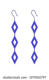 Two blue earrings made of 3D squares in the shape of three rhombus with a hole hanging below each other