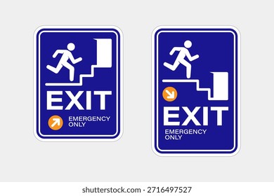 Two blue emergency exit signs featuring a white running man icon ascending stairs towards an open doorway, with text indicating EXIT EMERGENCY ONLY.