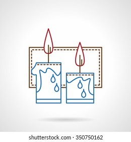 Two blue festive candles with red flame and frame on background. Winter celebrations symbols. Flat color thin line style vector icon. Elements of web design for business, website and mobile