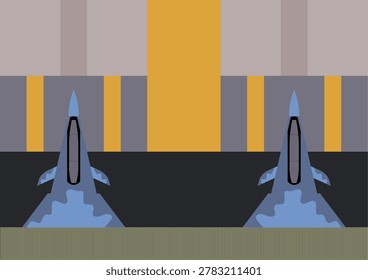 Two blue fighter jets parked inside an abstract military hangar with geometric yellow and grey background. Minimalist flat vector illustration of military aircraft at airbase
