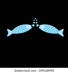 Two blue fishes are bubbling hand drawn cute fishes on dark background