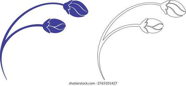 Two blue flower buds on curved stems silhouette