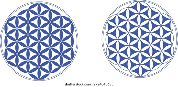 Dos patrones geométricos azules de la flor de la vida en blanco